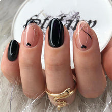 24er Set Kurze Klebernägel Oval Glänzend Schwarz-Nude mit Gold Glitzer