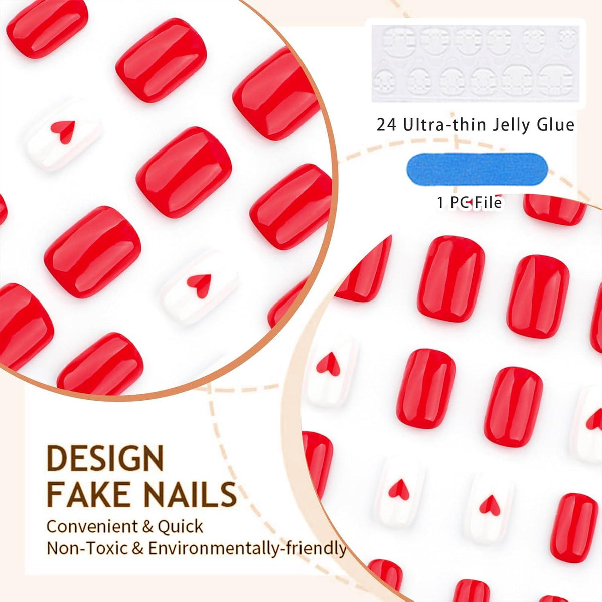 Kurze Quadratische Press-On Falsche Nägel Rot Herz Nagelkunst 24 Stück