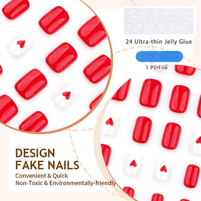 Kurze Quadratische Press-On Falsche Nägel Rot Herz Nagelkunst 24 Stück