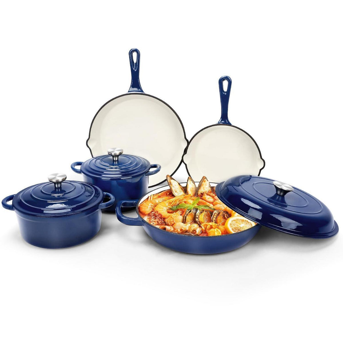 8-teiliges Emaille Gusseisen Kochgeschirr Set – Marineblau