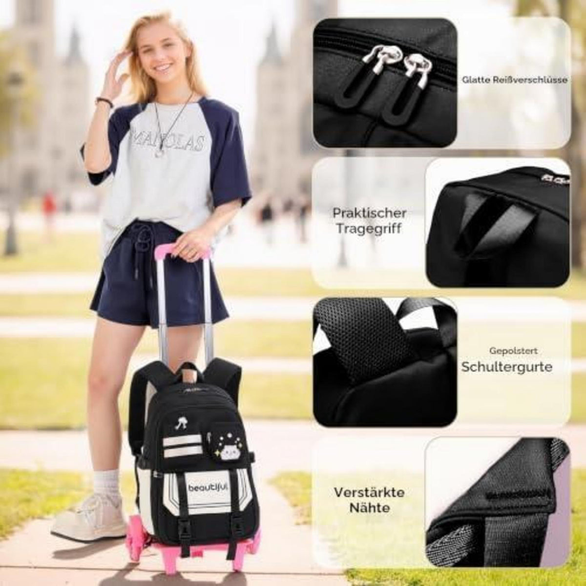 Schultrolley Rucksack Mädchen mit 6 Rädern & Trolleyfunktion