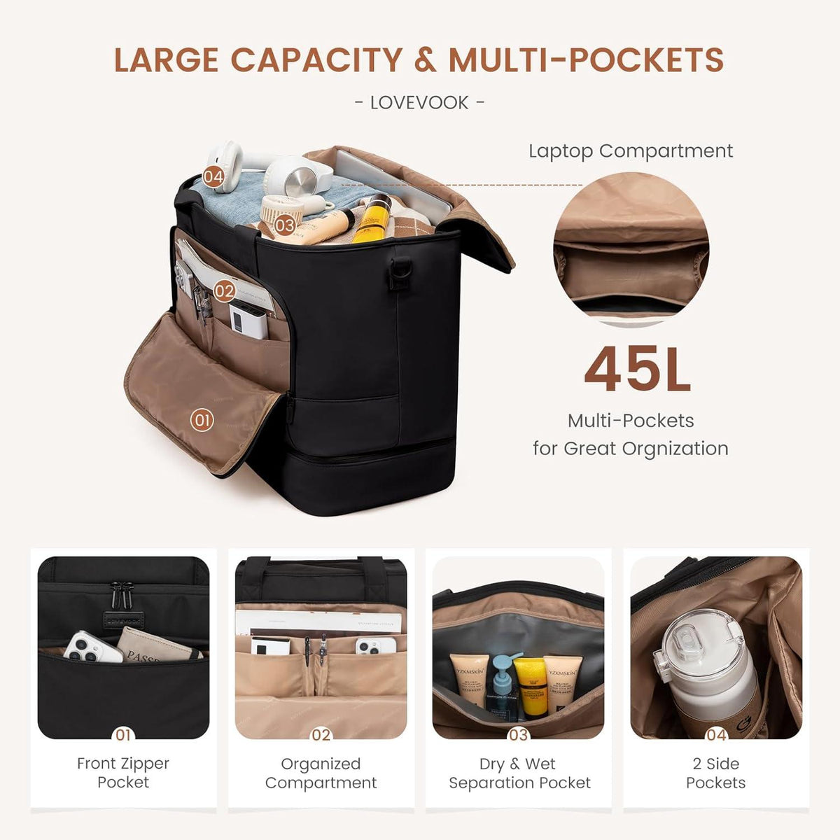 Reisetasche Damen 45L Sporttasche Weekender mit Schuhfach Handgepäck für Flugzeug