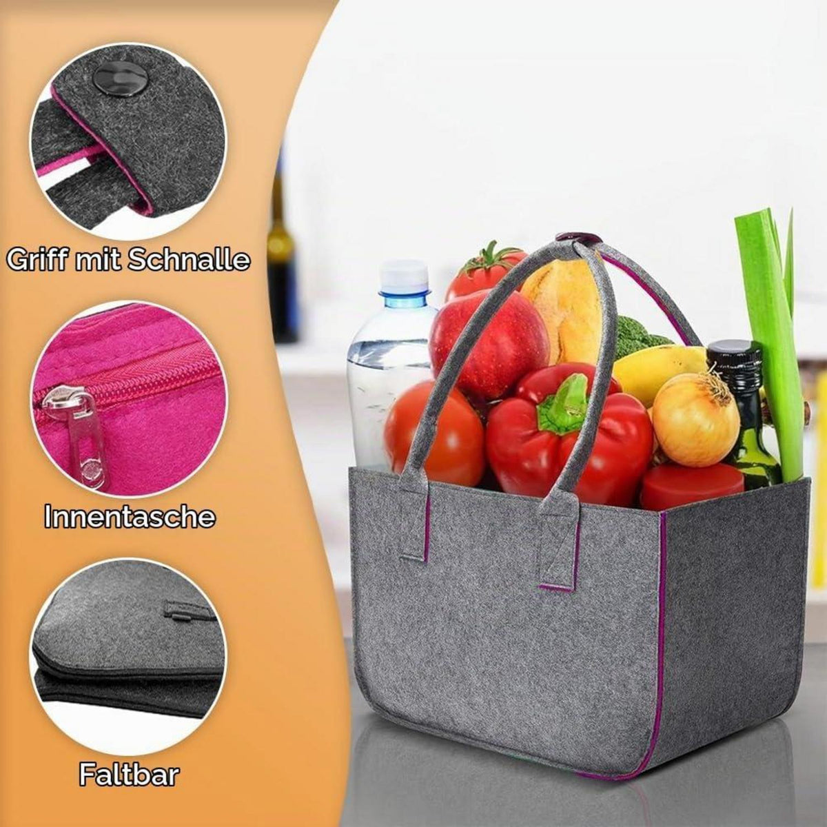 2x 30L Filztasche Einkaufstasche Faltbar Dunkelgrau/Magenta mit Innentasche