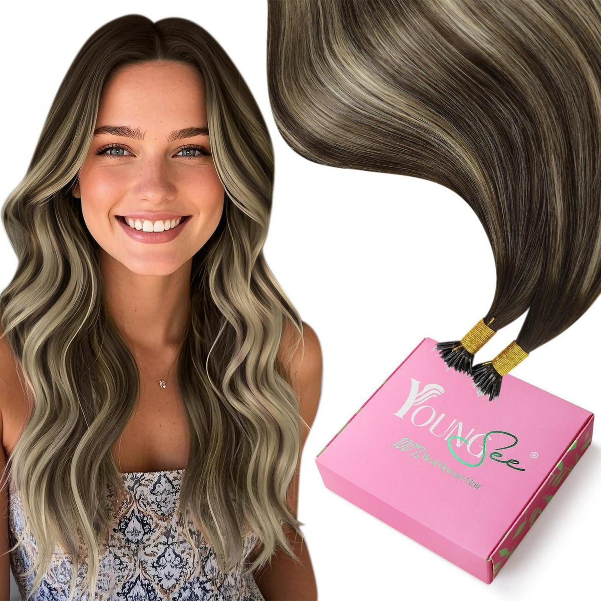 Echthaar Nano Ring Extensions Dunkelbraun Ombre Blond 55cm