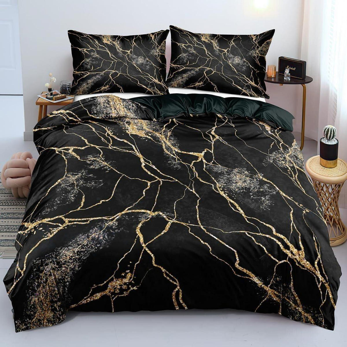 Marmor Bettwäsche Set 135x200 cm Schwarz Gold Mikrofaser