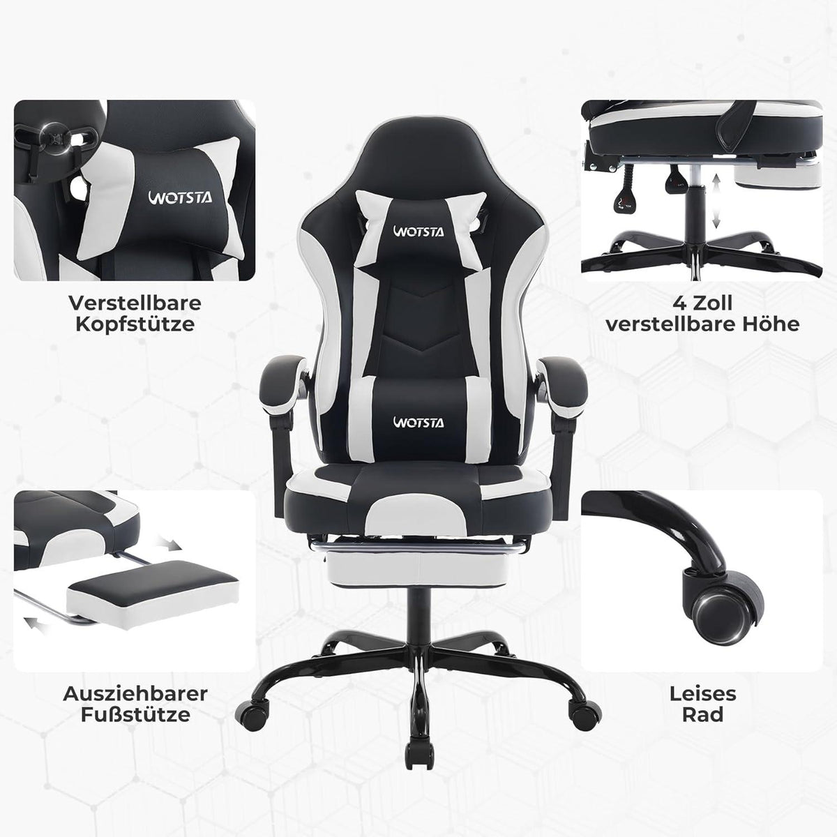 Ergonomischer Gaming Chair mit Fußstütze und Lendenwirbelstütze