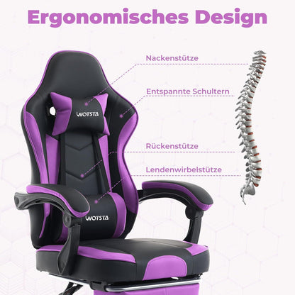 Ergonomischer Gaming Stuhl mit Fußstütze SchwarzViolett