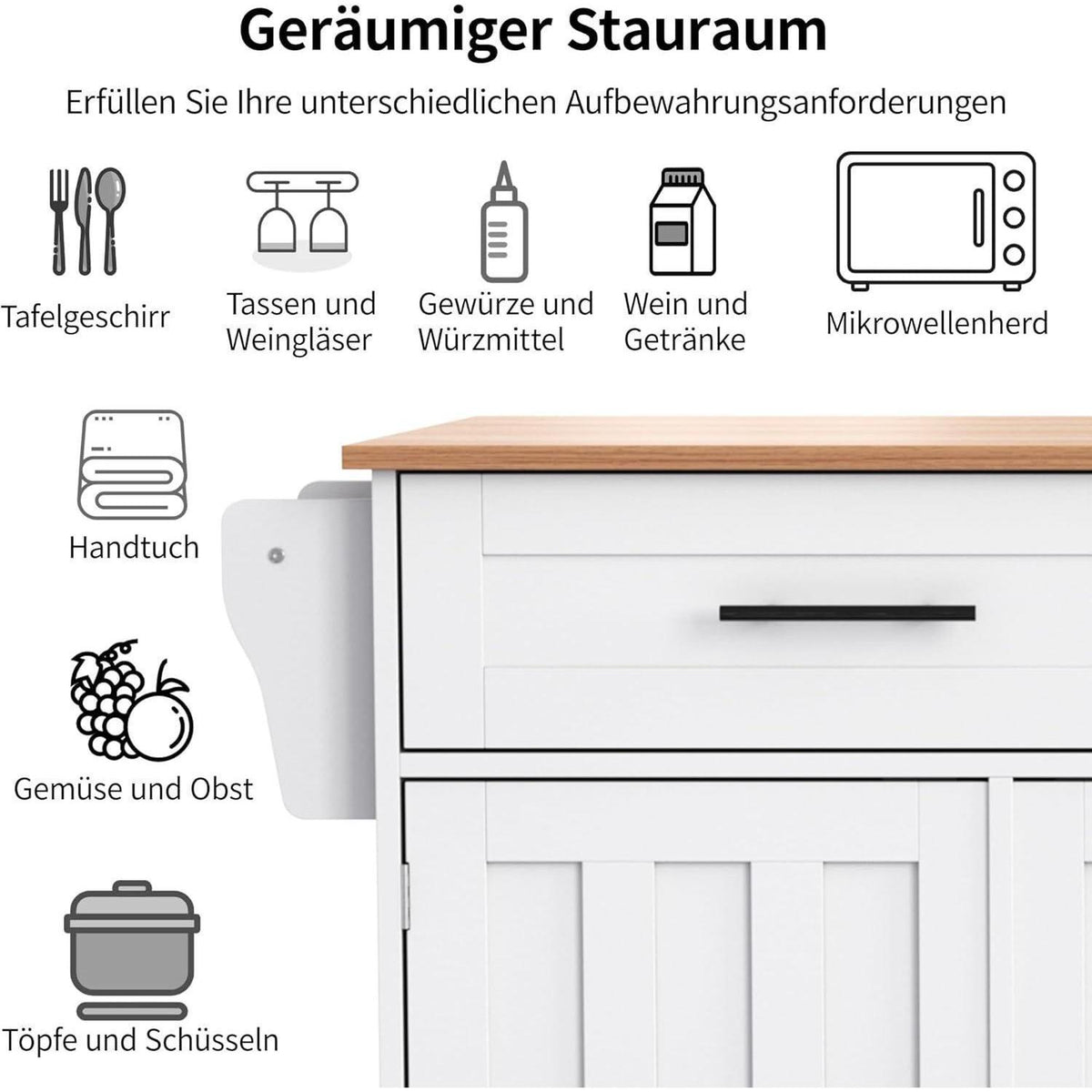 Freistehende Kücheninsel mit Klappplatte & Schubladen (Weiß)