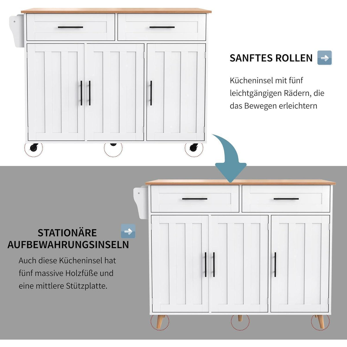 Freistehende Kücheninsel mit Klappplatte & Schubladen (Weiß)