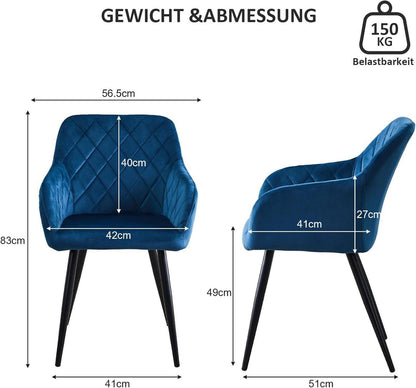 Esszimmerstuhl Samt Bezug Armlehne Metallbeine Polstersessel Blau