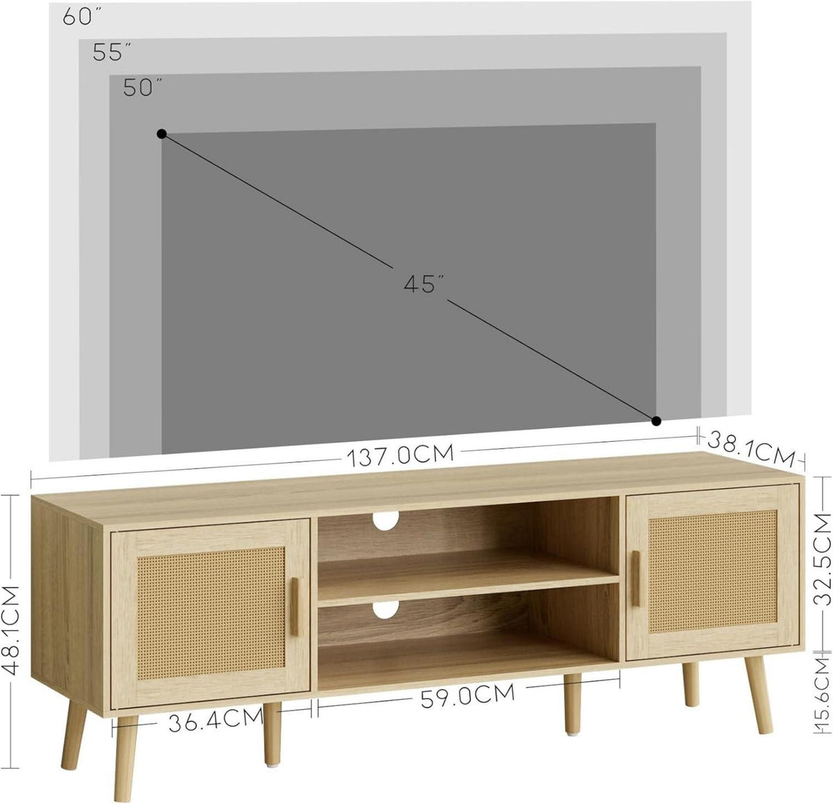 TV-Schrank Eiche 137x38x48 cm Lowboard für TV 60 Zoll