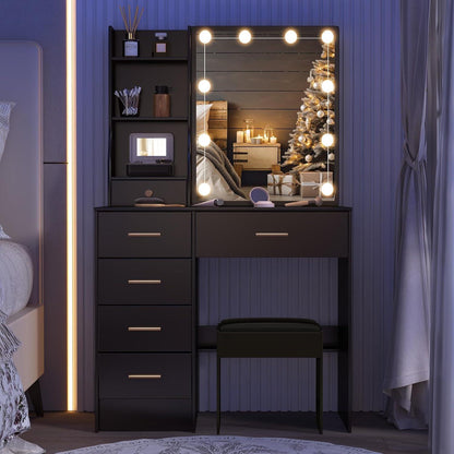 Schminktisch mit LED-Beleuchtung und Hocker - Schwarz