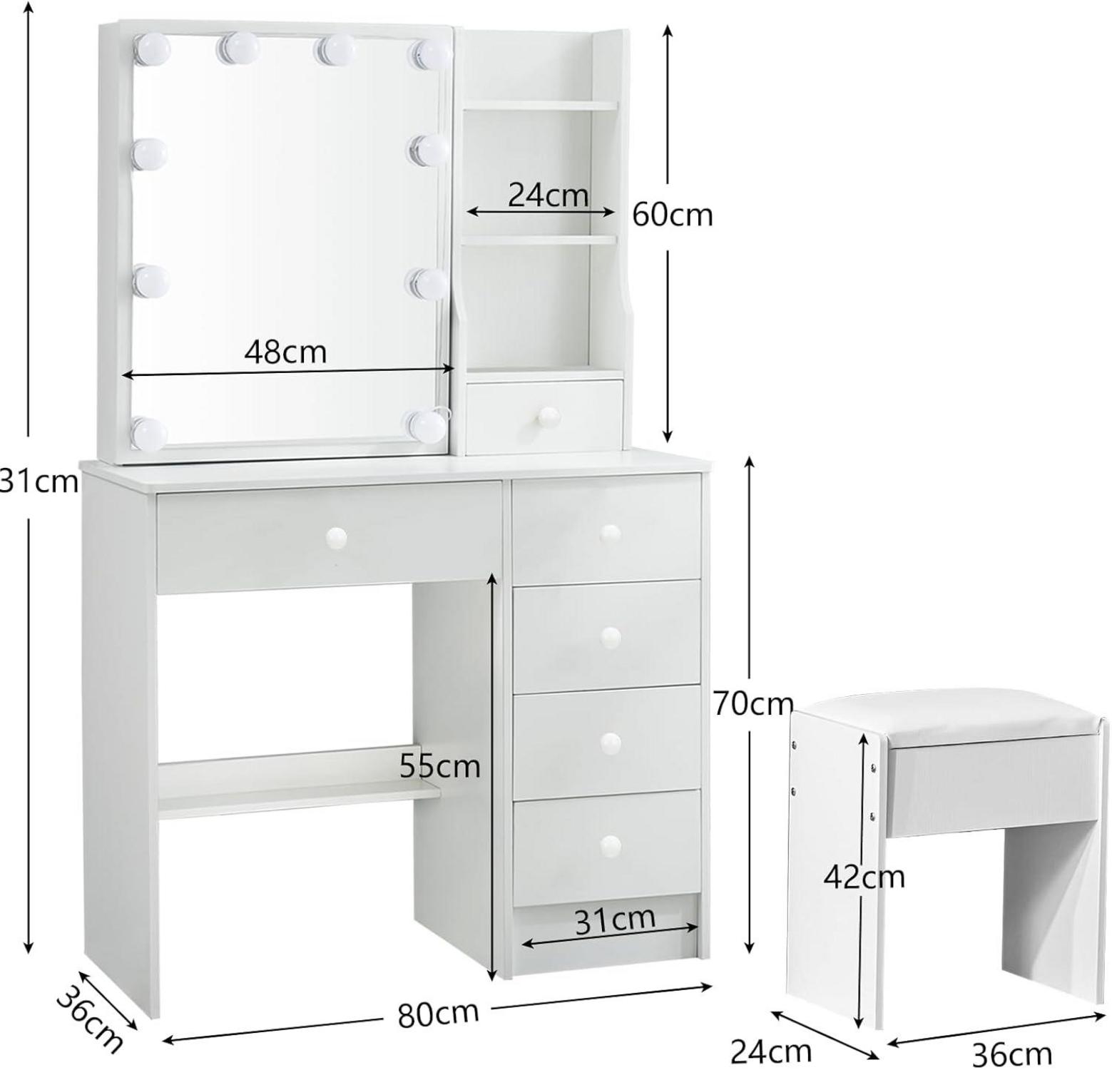 Schminktisch Beleuchtung Hocker 3 Lichtmodi 6 Schubladen 6 Fächer 80x36x130cm