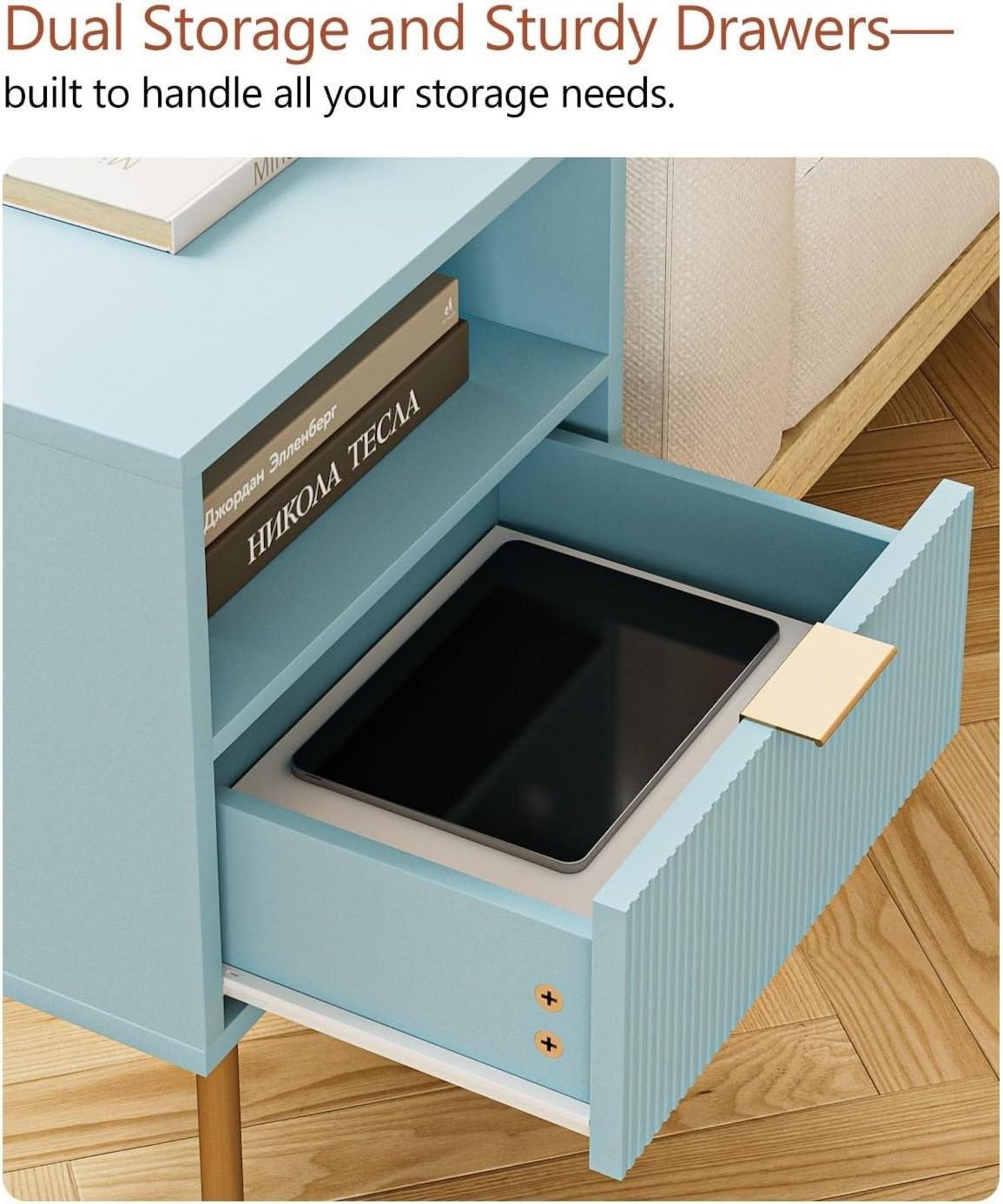 Nachttisch Blau mit offener Ablage und Schublade, modern, Nachtkommode