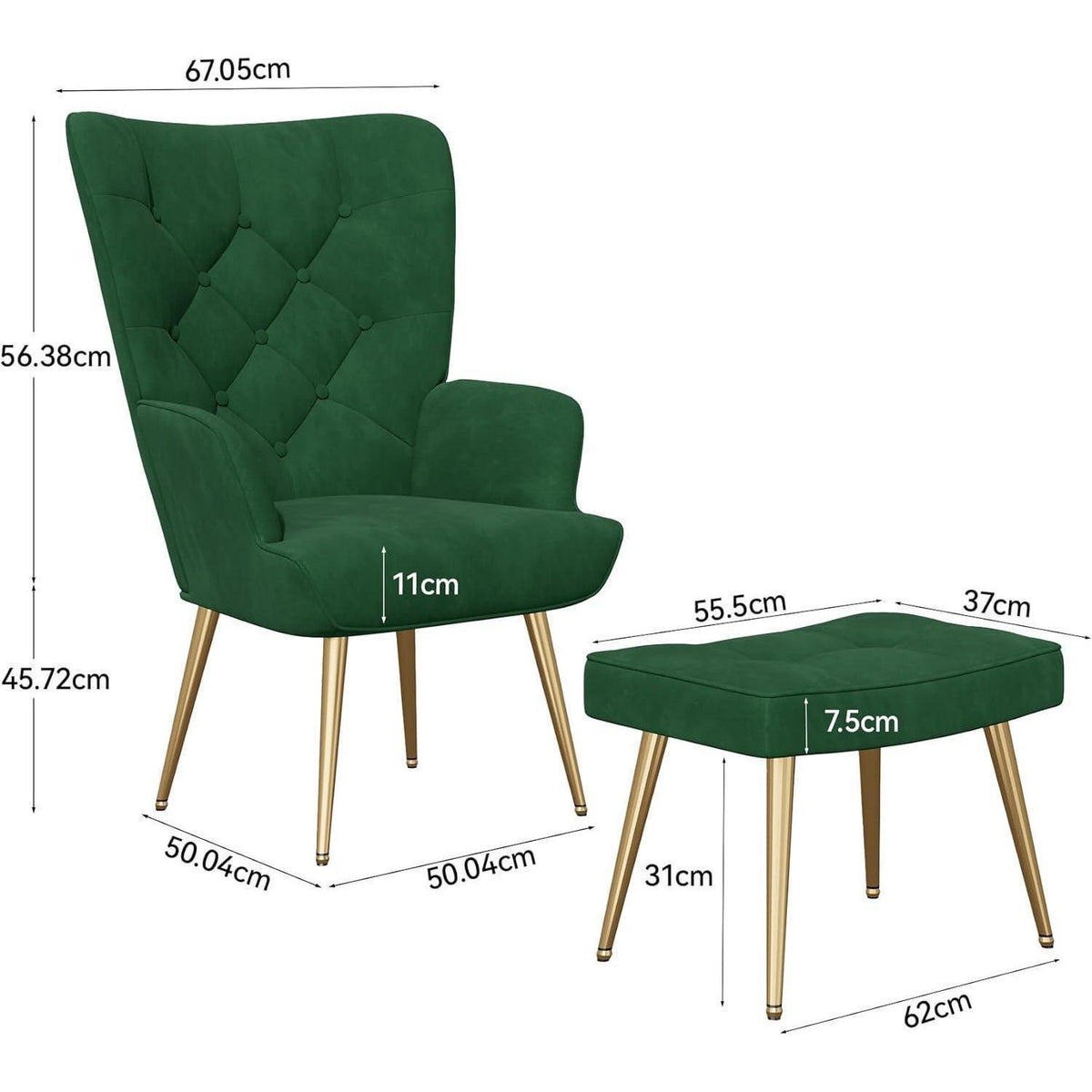 Modernes Relaxsessel mit Hocker, Samt, Grün