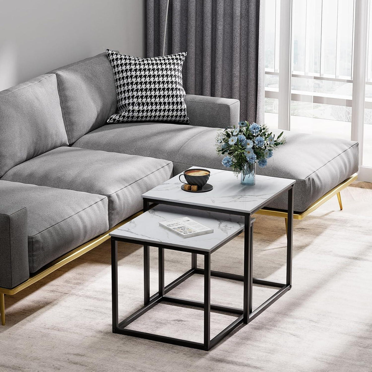 Quadratisch Couchtisch 2er Set Holz Beistelltisch Schwarz