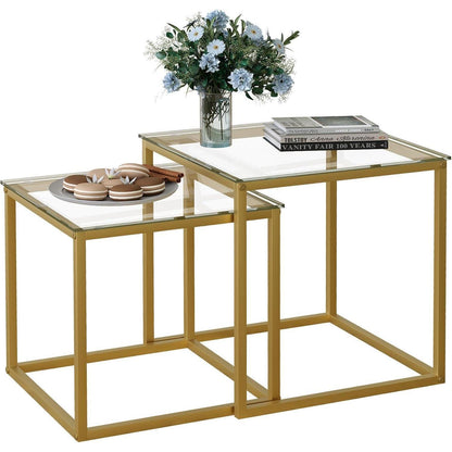 Quadratische Wohnzimmertische Set Glas/Stahl Gold 50/45 cm