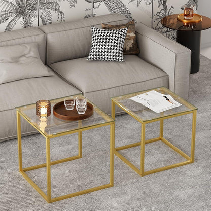 Quadratische Wohnzimmertische Set Glas/Stahl Gold 50/45 cm