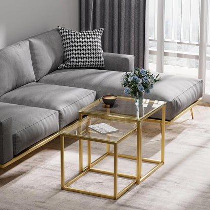 Quadratische Wohnzimmertische Set Glas/Stahl Gold 50/45 cm