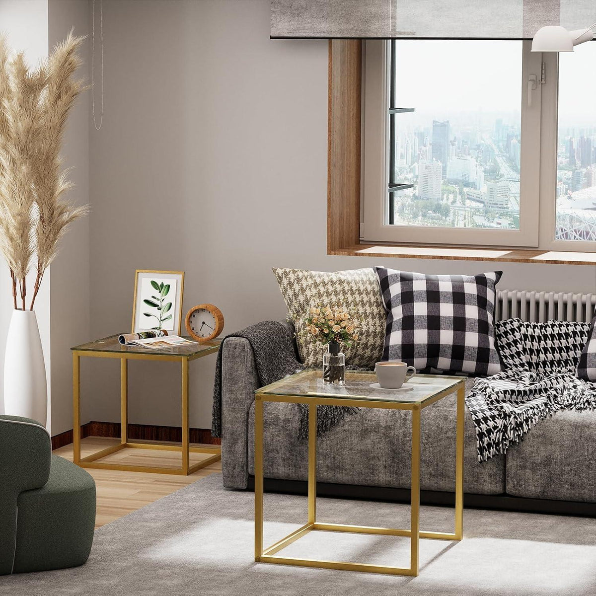 Moderne Quadratische Glas Couchtische Set Gold 50/45 cm