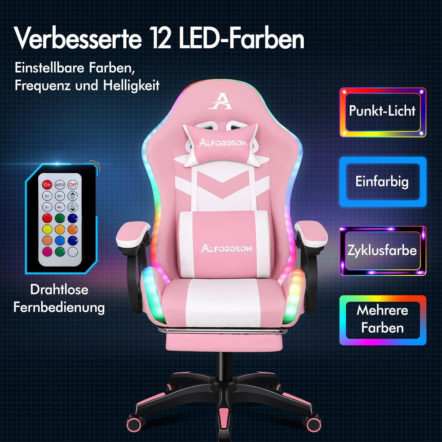 Ergonomischer Gaming-Stuhl mit Massagefunktion, Lenden- und Nackenkissen, Rosa