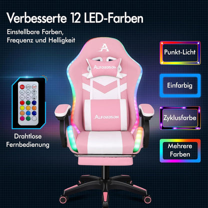 Ergonomischer Gaming-Stuhl mit Massagefunktion, Lenden- und Nackenkissen, Rosa