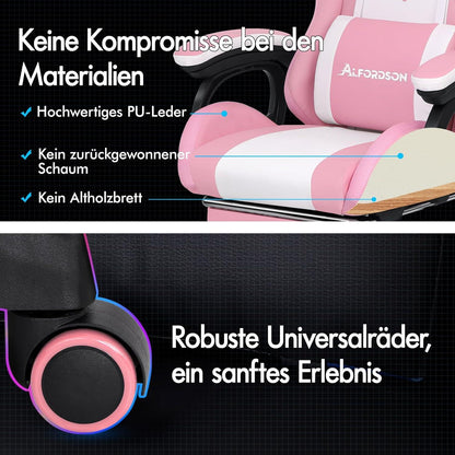 Gaming Stuhl Rosa Lendenstütze Kopfstütze Massage 150° Neigung