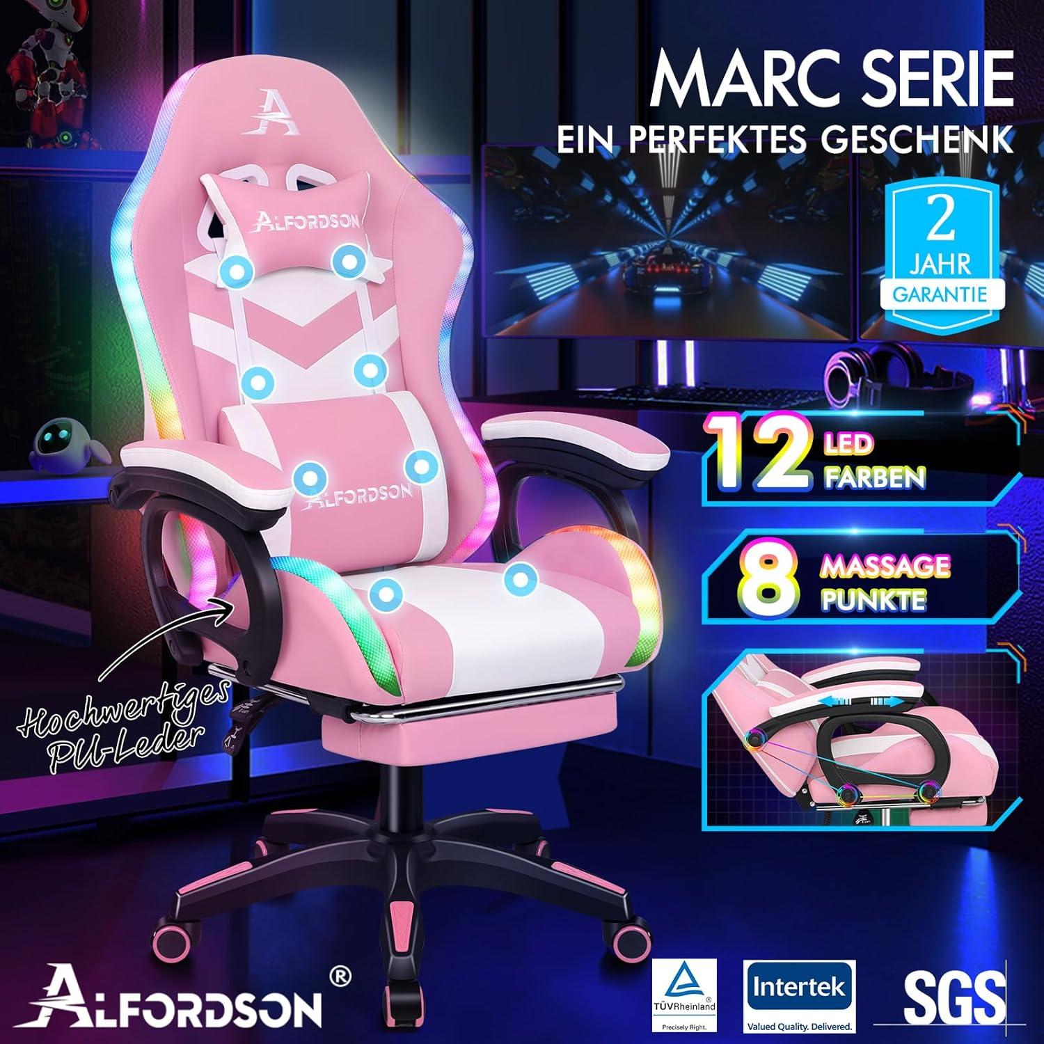 Gaming Stuhl Rosa Lendenstütze Kopfstütze Massage 150° Neigung