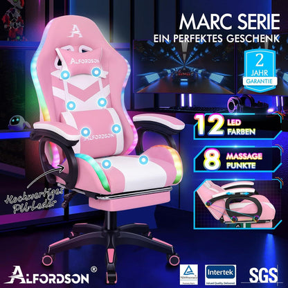 Gaming Stuhl Rosa Lendenstütze Kopfstütze Massage 150° Neigung