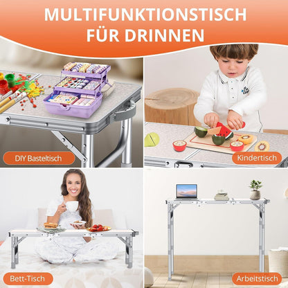 Klapptisch Aluminium 87x40cm mit 3 Höhen, Picknicktisch Outdoor Weiß/Silber