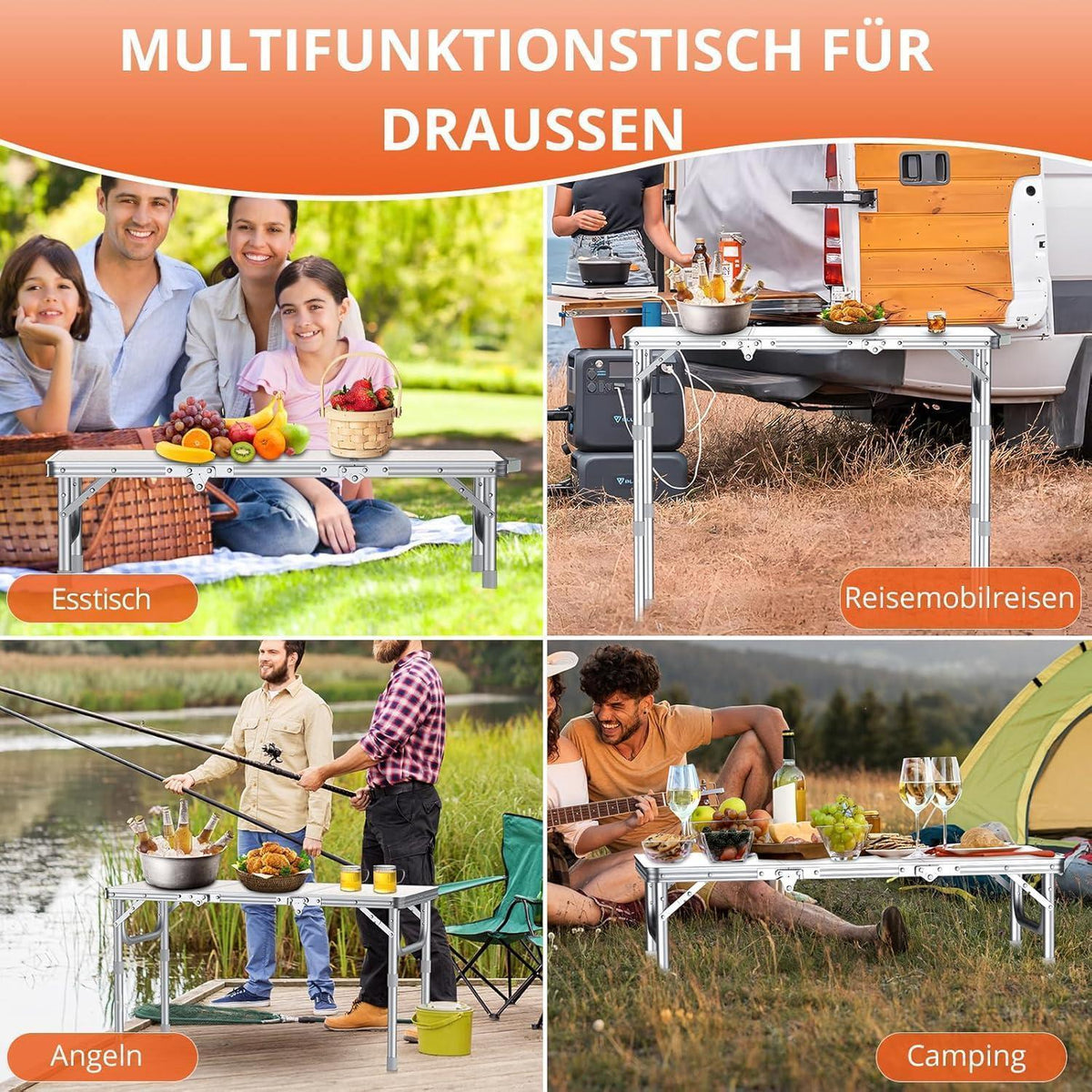 Klapptisch Aluminium 87x40cm mit 3 Höhen, Picknicktisch Outdoor Weiß/Silber