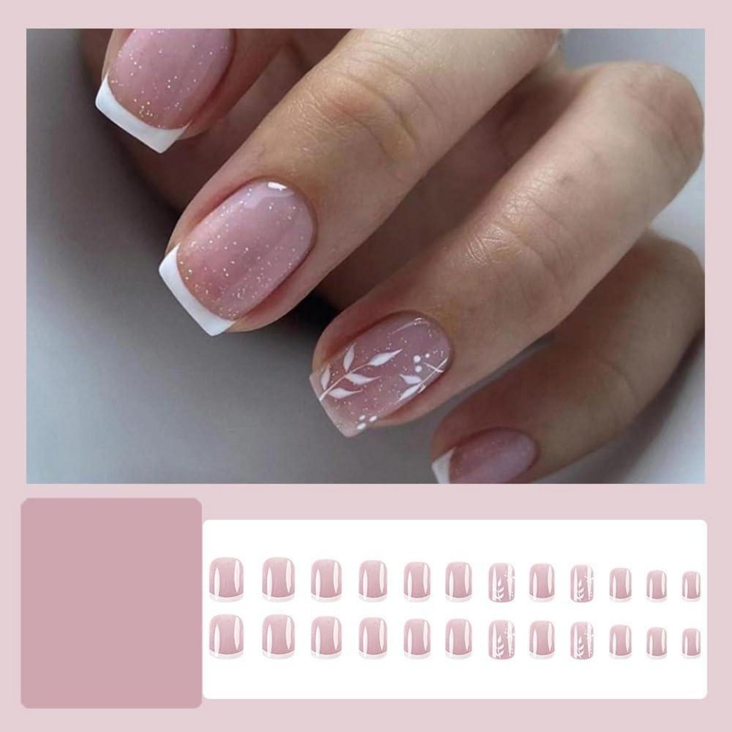 24er Set Weiß Pink Gold Glitter Nägel Kurz Aufkleben French Square