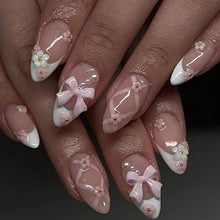 24er Set Weiße Nägel mit Blumen Schleife Muster, Oval Fake Nails