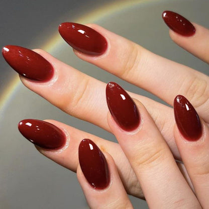 24er Set Kurz Mandel Nägel Aufkleben Rot Dunkel French Design