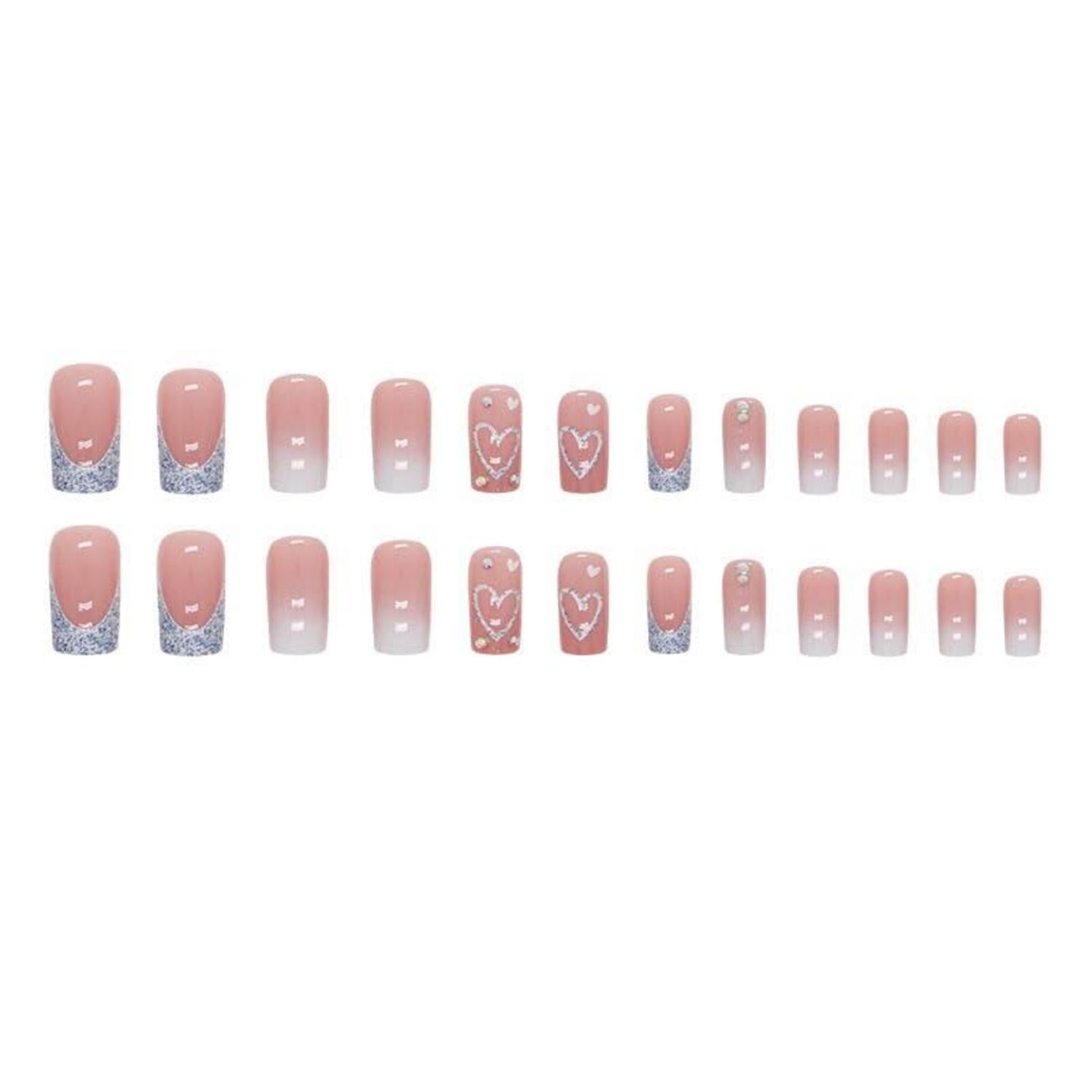 24 Stück Weiß Glitter Nägel Zum Aufkleben Lang Pink Sarg Press on Nails mit Herz Muster Glossy Ballarina Fake Nails
