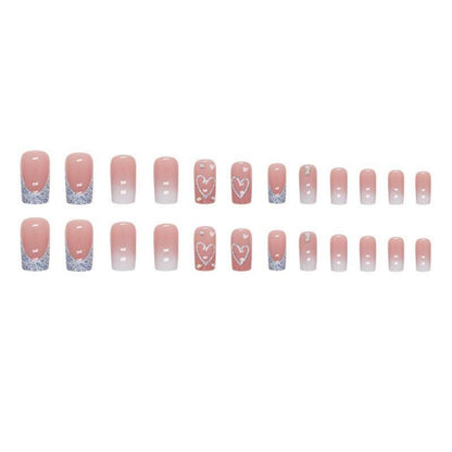 24 Stück Weiß Glitter Nägel Zum Aufkleben Lang Pink Sarg Press on Nails mit Herz Muster Glossy Ballarina Fake Nails