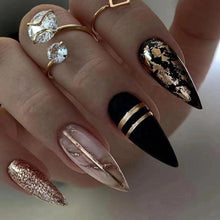 24 Stück Schwarz Rose Gold Swirl Mandel Press on Nägel Glossy Stiletto
