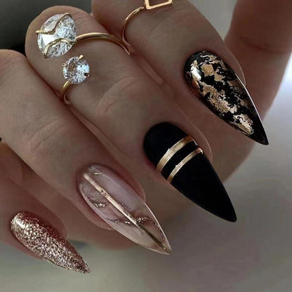 24 Stück Schwarz Rose Gold Swirl Mandel Press on Nägel Glossy Stiletto
