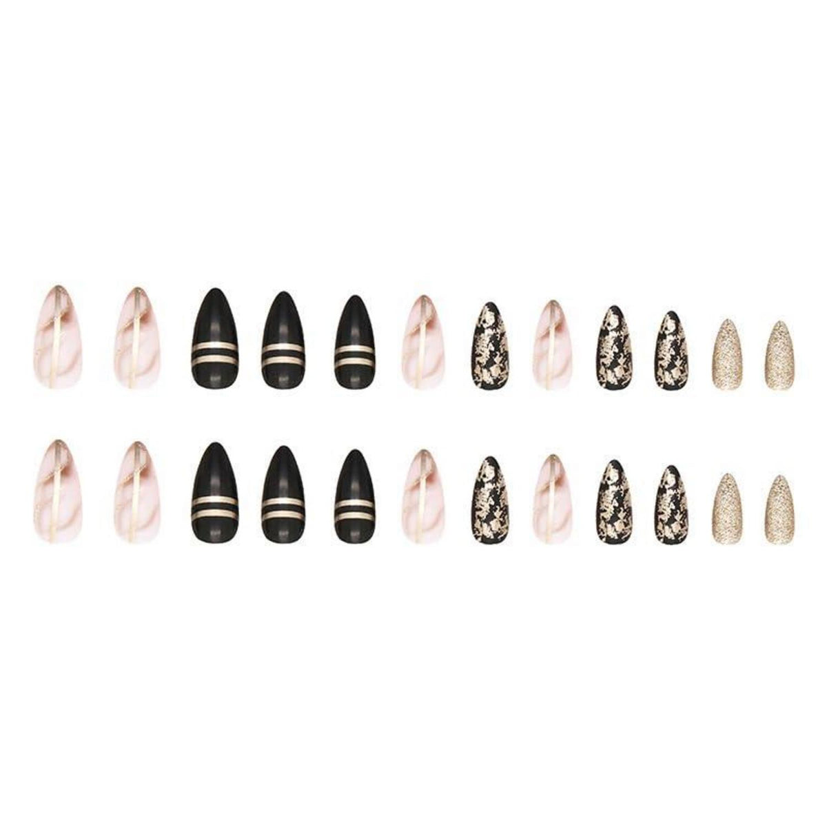 Schwarze Acrylnägel, 24 Stück, Mandel Kurz, Rose Gold