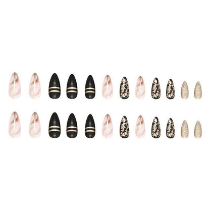 Schwarze Acrylnägel, 24 Stück, Mandel Kurz, Rose Gold