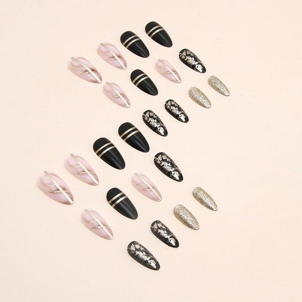 24 Stück Schwarz Rose Gold Swirl Mandel Press on Nägel Glossy Stiletto