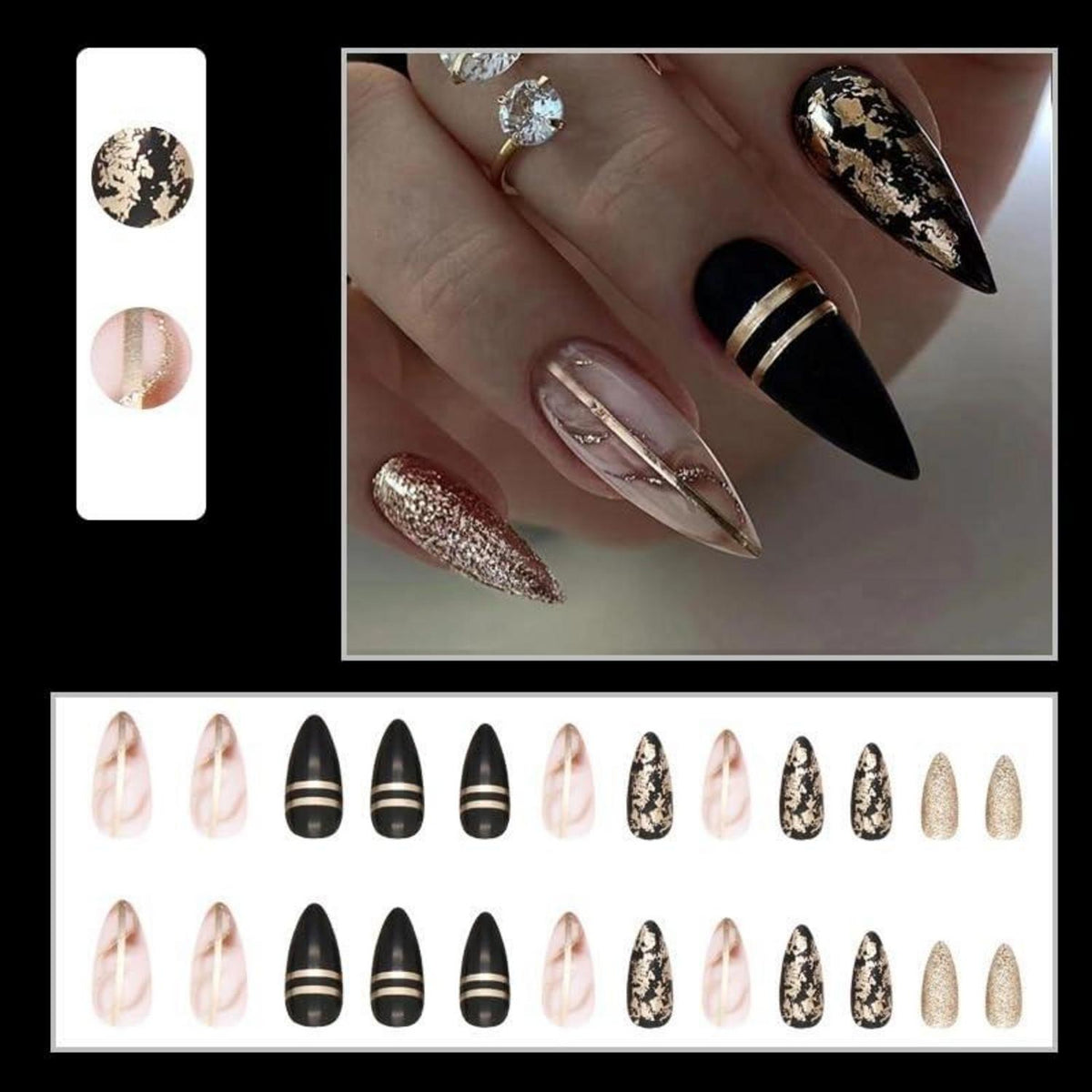 24er Pack Schwarz/Rose Gold Swirl Stiletto Kunstnägel Aufkleben - Glossy French