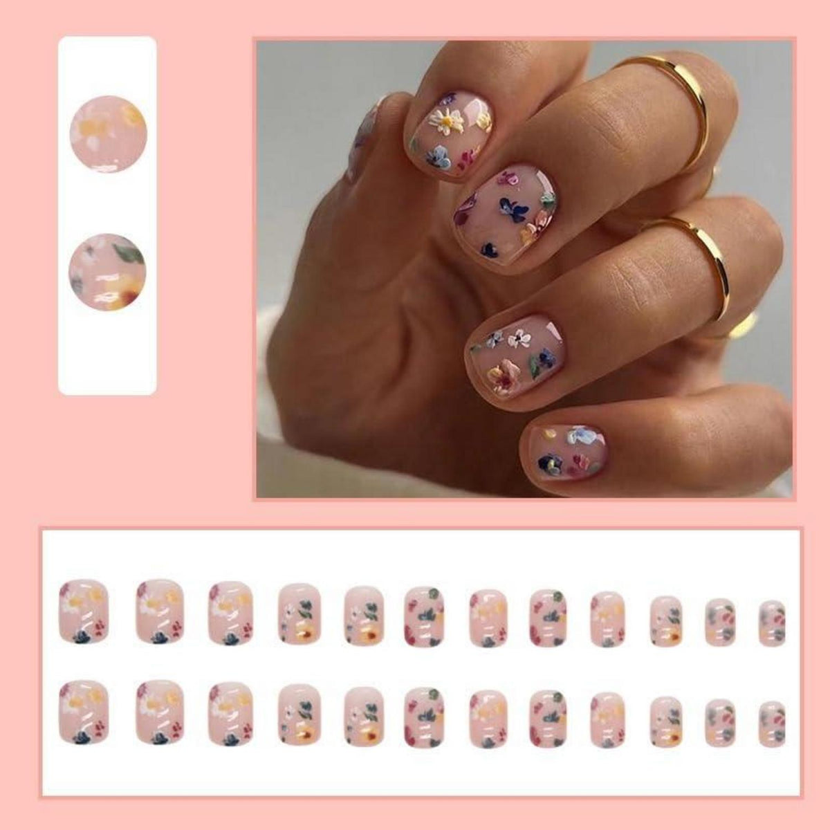 24er Set Bunte Blumen Kunstnägel Aufkleben Short Glossy Fake Nägel French Square