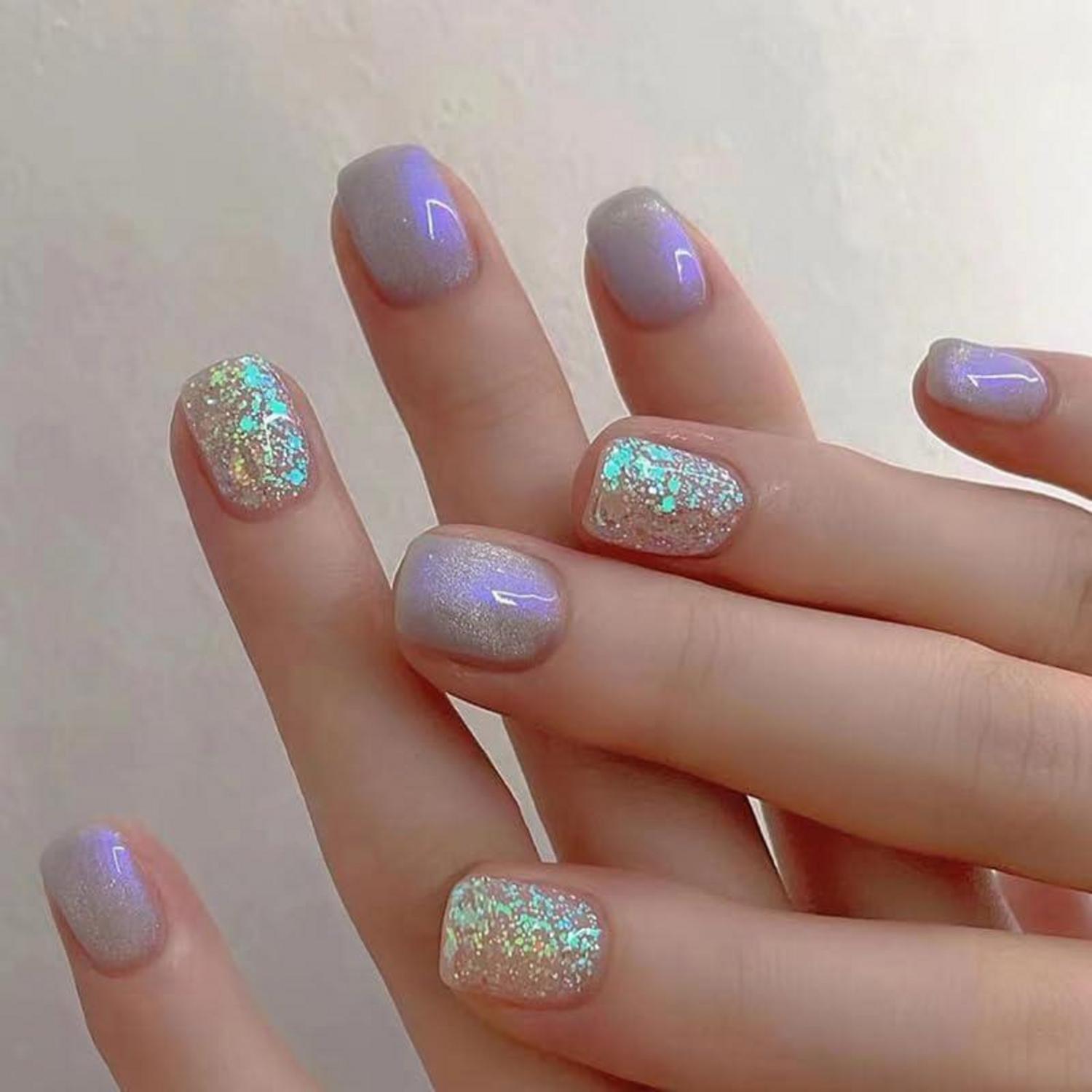 24er Set Aurora Glitter Nägel zum Aufkleben, Französische Form