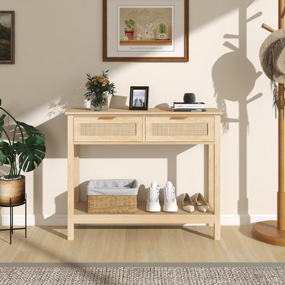 Boho Rattan Konsolentisch mit Schubladen & Regal