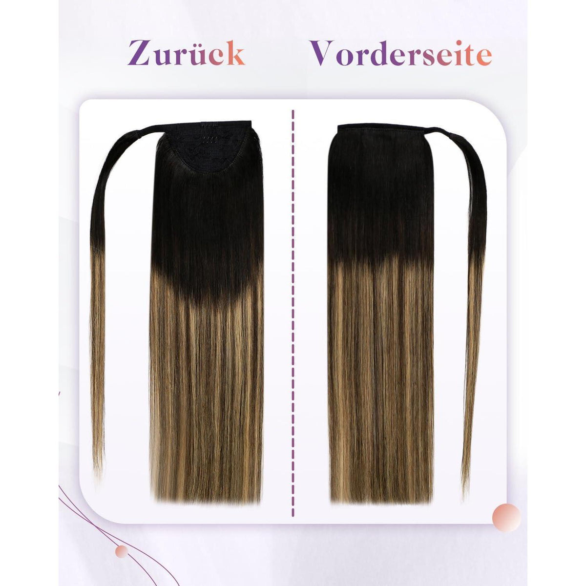 Echthaar Pferdeschwanz Extension Ombre Braun Schwarz Karamellblond 45cm