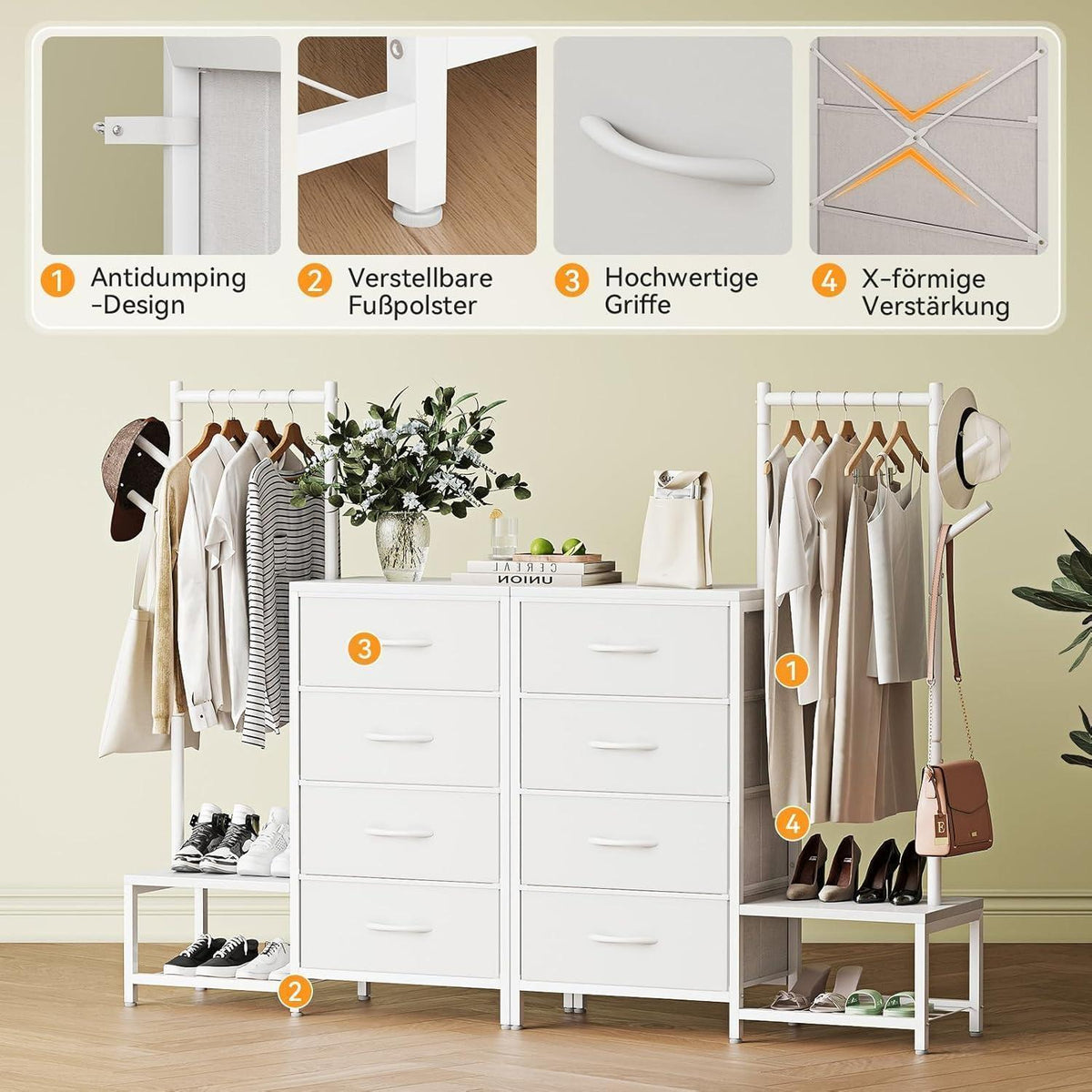 3-in-1 Kommode mit Kleiderstange & Schuhregal, Weiß