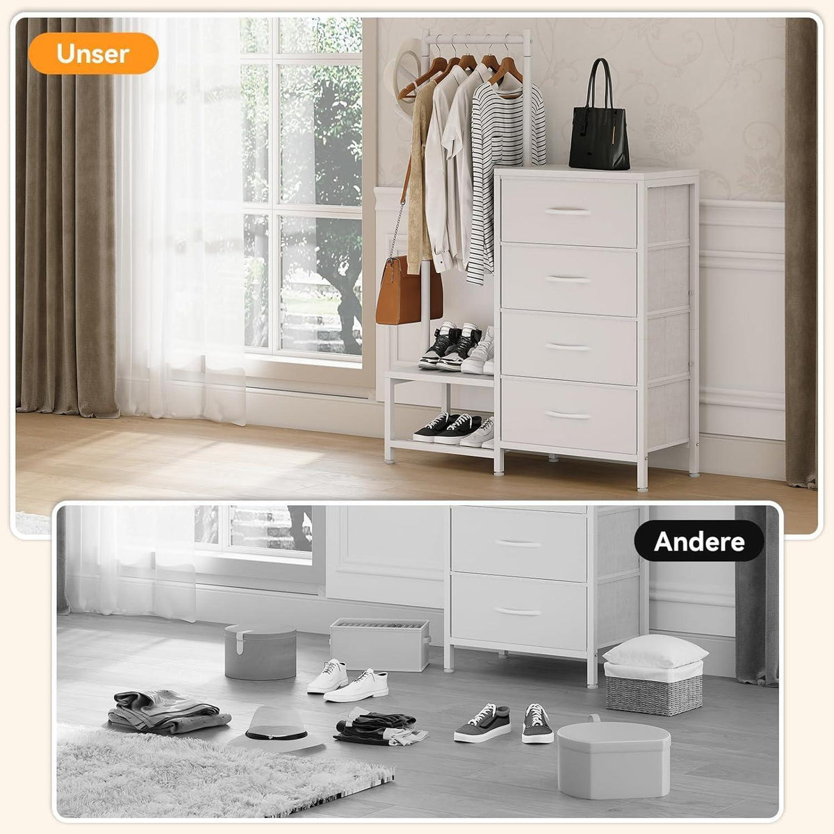 3-in-1 Kommode mit Kleiderstange & Schuhregal, Weiß