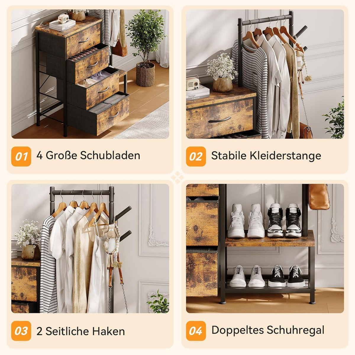 3-in-1 Kommode mit Kleiderstange & Schuhregal