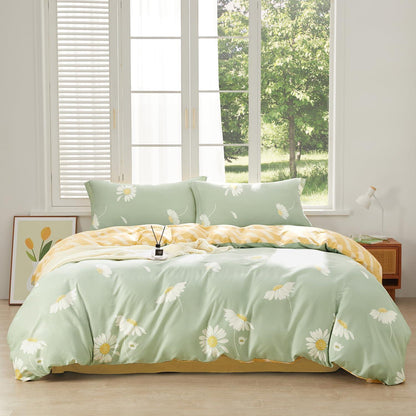Baumwoll Bettwäsche Set Grün Weiß Blumen 200x220 cm 3tlg.